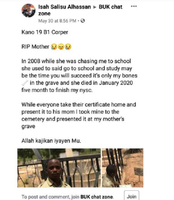 Man presents his NYSC certificate to his late mum at her grave (Photos)