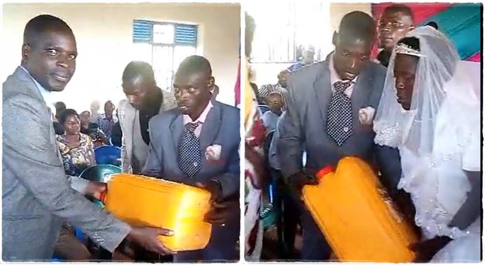 Bride and groom get an empty jerrycan as a wedding gift. Bride and groom get an empty jerrycan as a wedding gift.