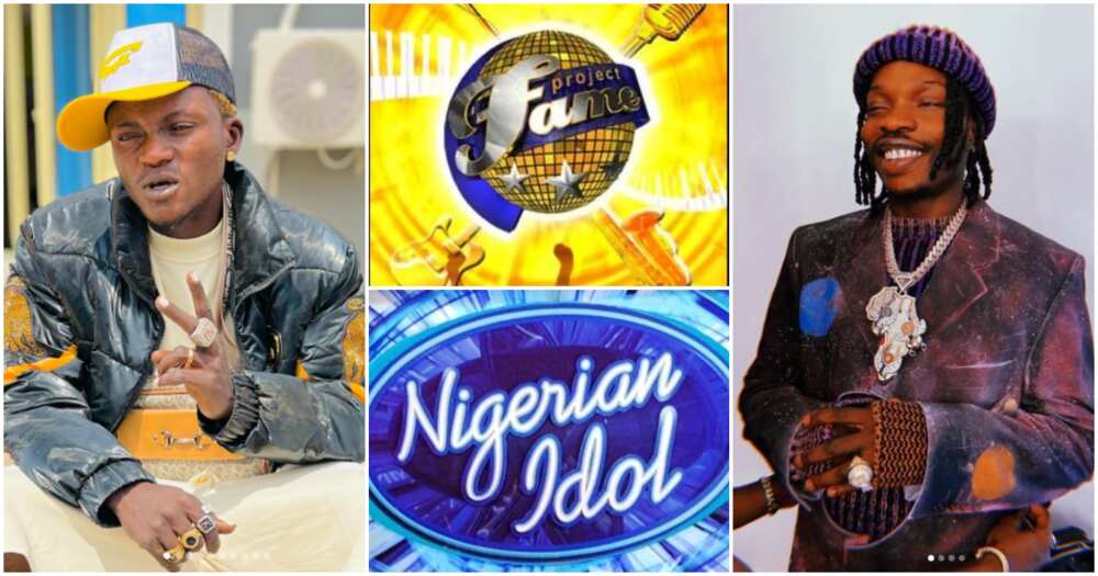Photos of Portable, Naira Marley, logos of Project Fame and Nigerian Idols