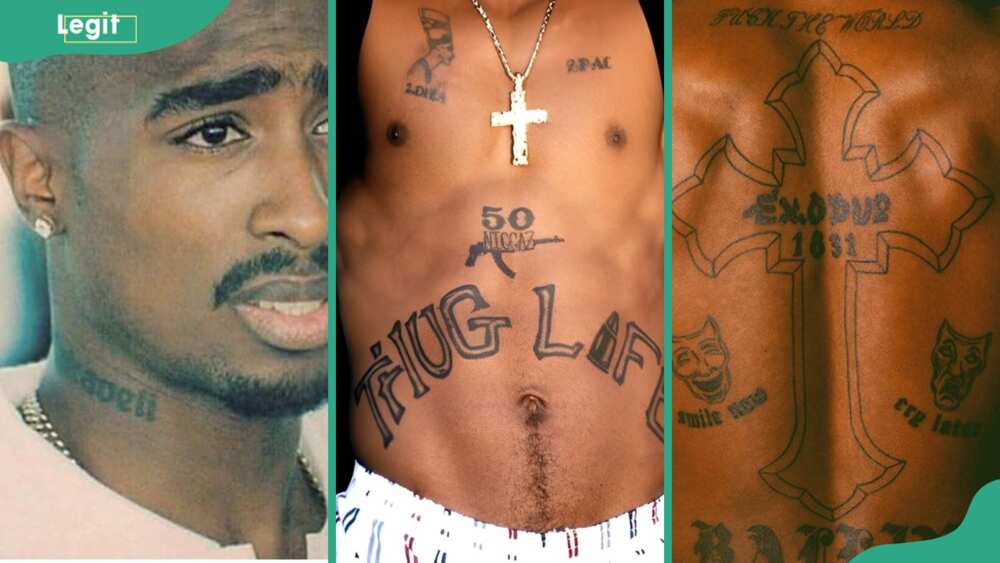 Tupac’s Makaveli (L), 50 Niccaz and Thug Life (C), and Exodus tattoos (R)