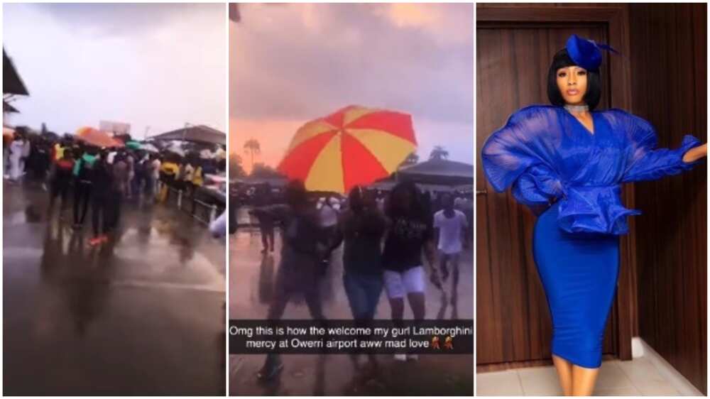 Mercy Eke’s fans welcome her under the rain in Owerri