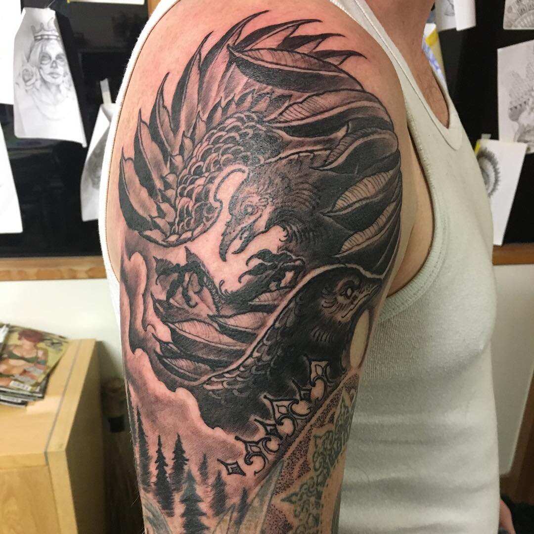 Raven tattoo,part of sleeve in progress by gettattoo on DeviantArt