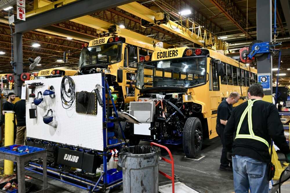 Electric school buses are seen on the assembly line of the Lion Electric plant in Saint-Jérôme, Quebec, as Canada gears up for increased EV battery manufacturing