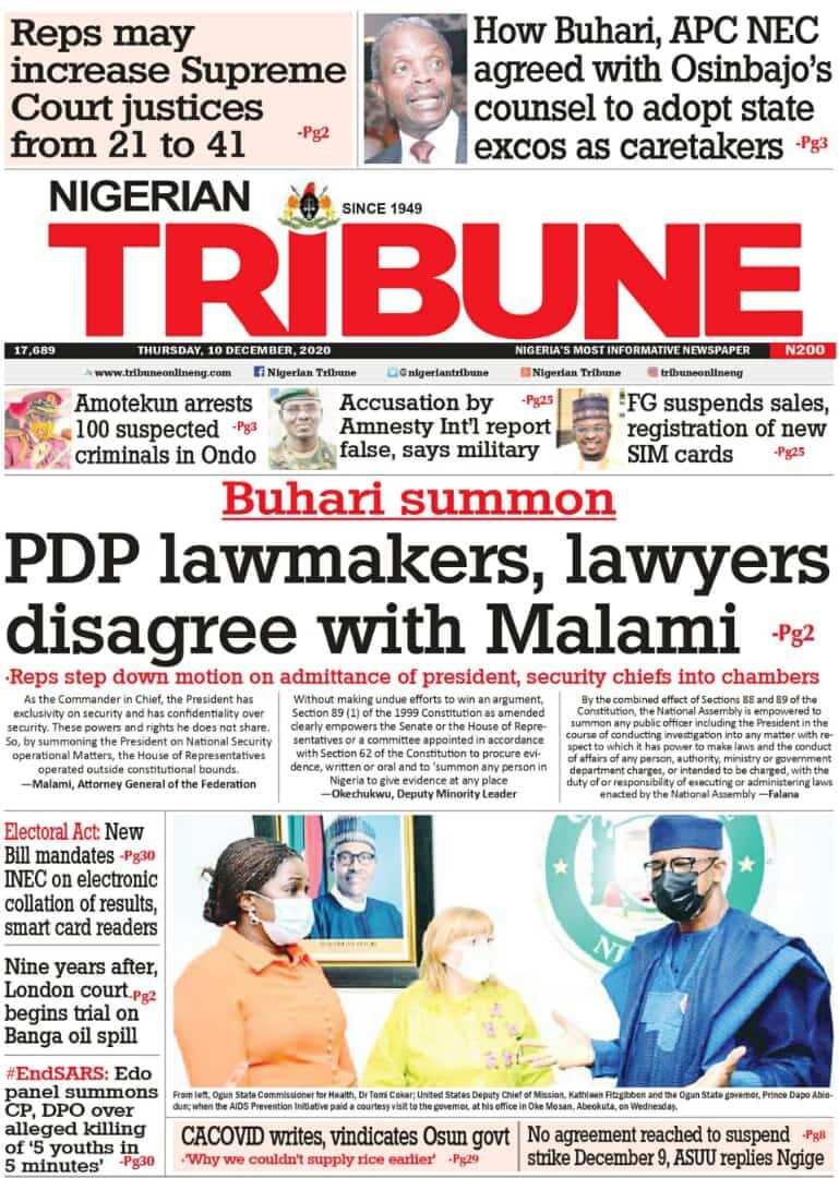 Nigerian Tribune newspaper for Thursday, December 10