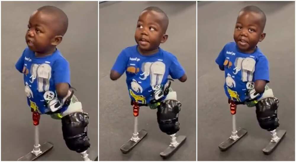 Photos of a boy walking with artificial legs.