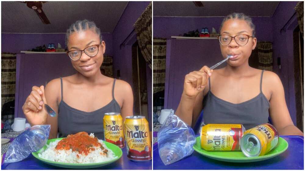 Nigerian lady does it again, finishes full plate of rice, gulps 2 canned drinks, photos caues massive stir