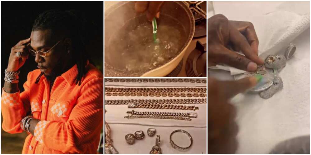 Burna Boy Flaunts Jewellery Collection on Social Media, Shares Video as He Washes Them Clean