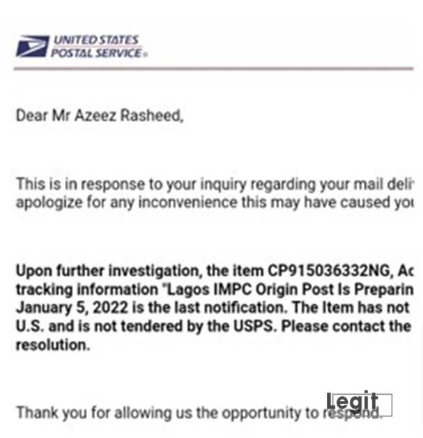USPS email to Kazeem Olatubosun confirming that the parcel he sent through NIPOST failed to arrive in the US.