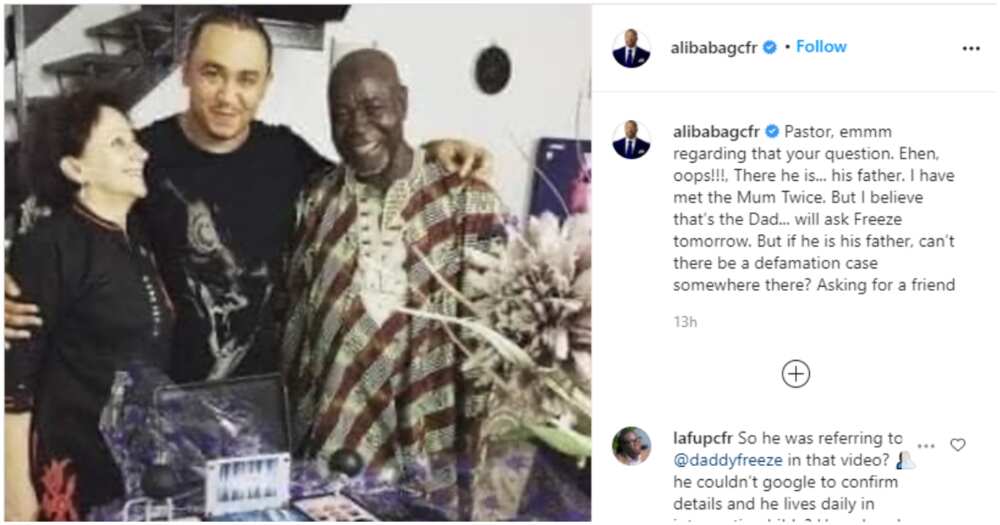 Daddy Freeze vs Pastor Ibiyeomie: Ali Baba pulls up photos of media personality and his parents