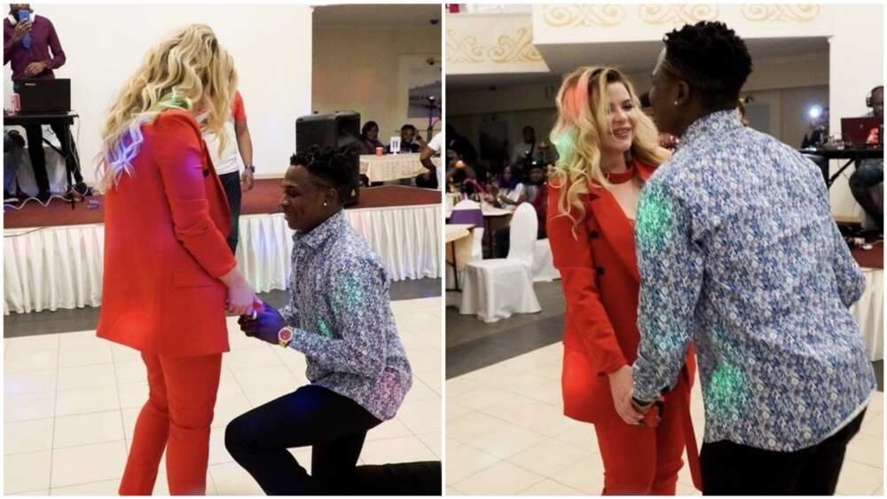 A collage showing how the Nigerian man went down on one kneel to propose to his girlfriend. Photo source: YabaLeft