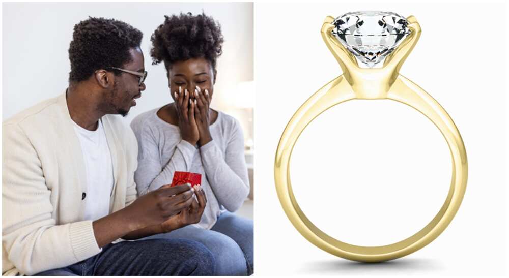 Photos of man proposing to his woman with an engagement ring.