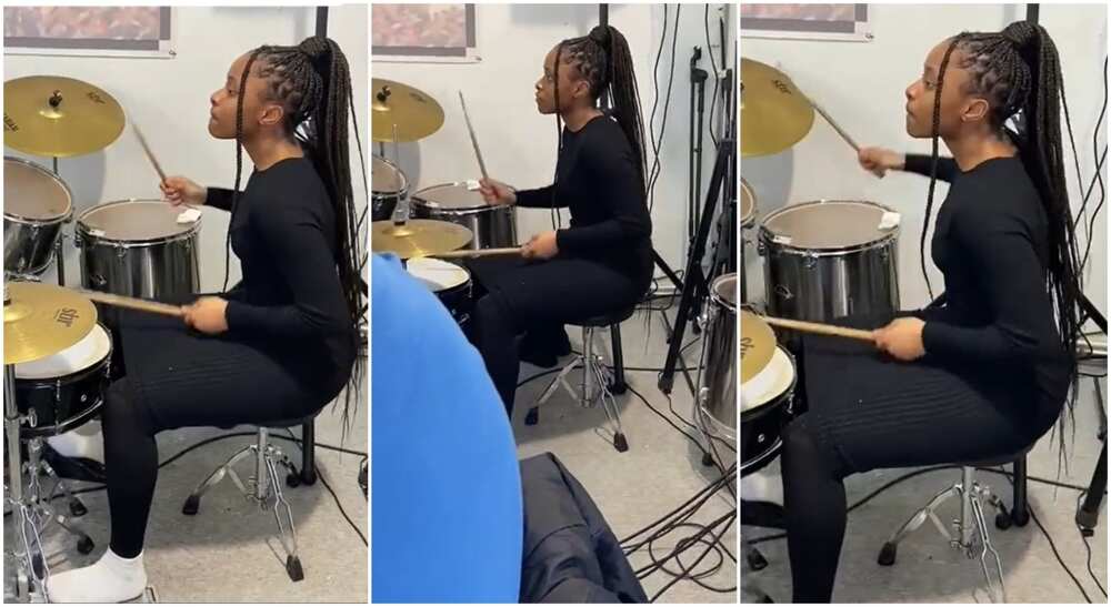 Photos of a young girl playing drum in the church.