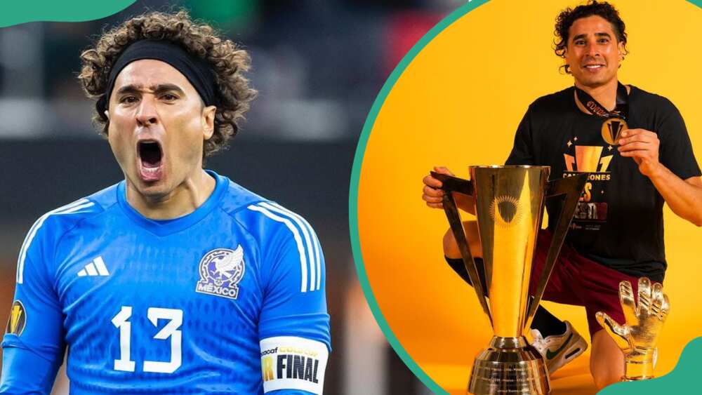 Memo Ochoa celebrating a moment during a football match (L). The goalkeeper displays some of his trophies (R)