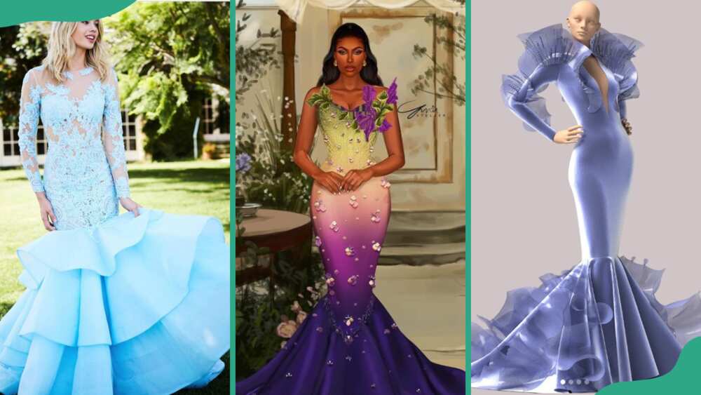 Light blue gown (L), multicoloured gown (C), and a metallic blue mermaid ball gown (R)