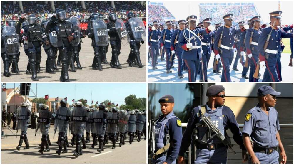 A collage of African police officers. Photo sources: Premium Times/Aljazeera/AnswersAfrica