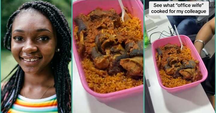 Lady prepares sumptuous meal for male work colleague