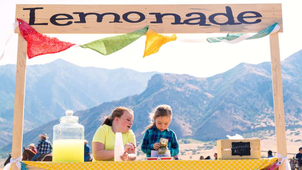 Two young girls counting money at their lemonade stand