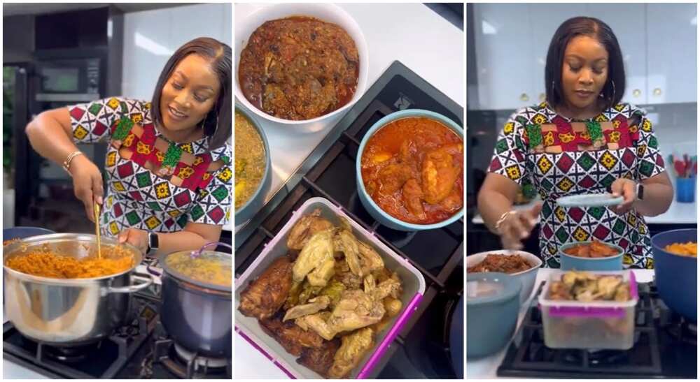 Woman proudly shows off food, woman cooks, kitchen lover.