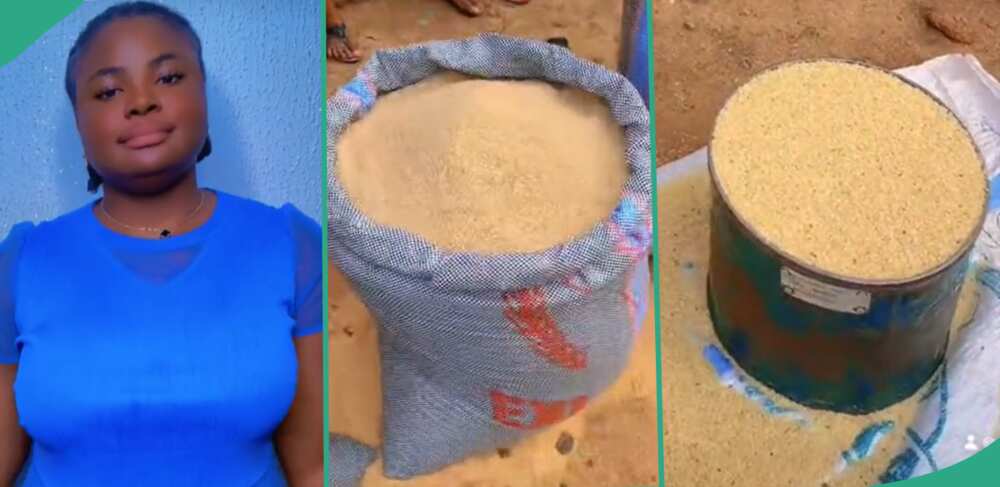 Lady shares cheap bushel of rice she bought in Enugu.