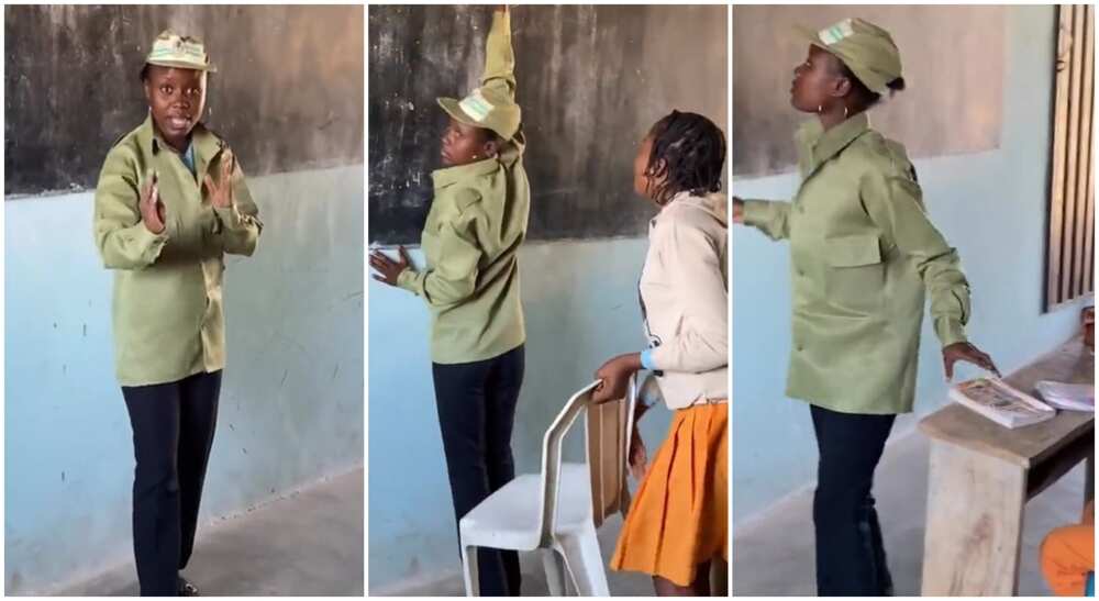 Photos of an NYSC member teaching in the classroom.