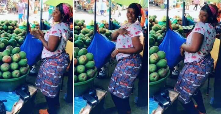 Photos of a mango seller dancing in her shop.