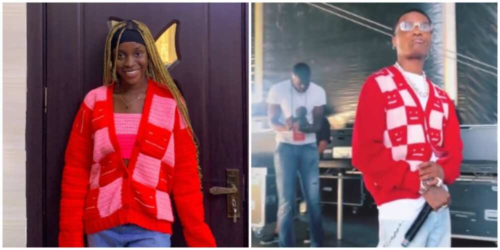 Photos of Lola and Wizkid in red cardigans.