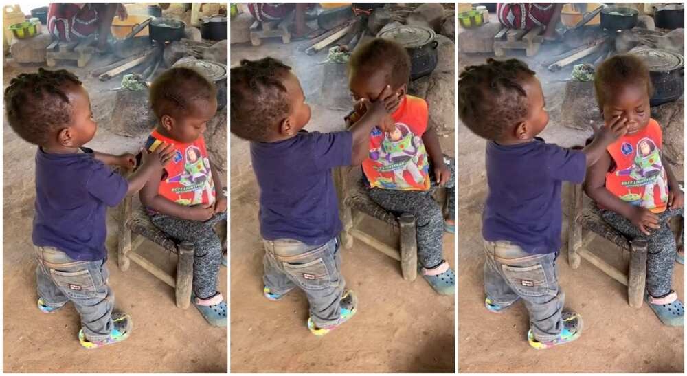 Photos of a baby wipping the tears of a fellow child.