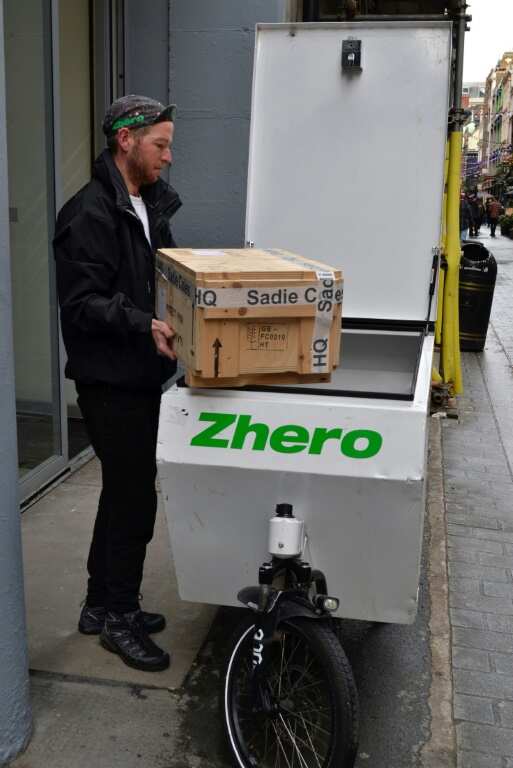 Joe Sharpe, co-founder of green logistics company Zhero, transports fine art by bike