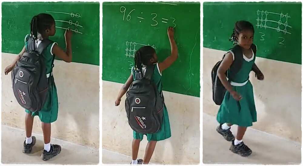 Photos of a little girl solving mathematics on the board.
