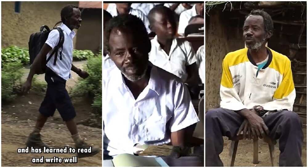 Isaac, a 71-year-old Tanzanian man who has gone back to school.