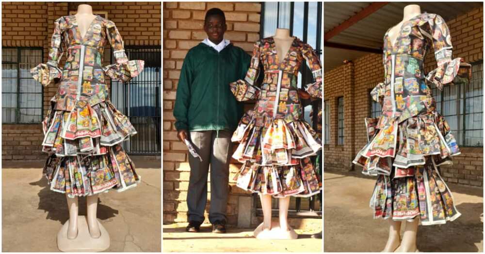 Boy turns paper into dress, Mohlakamotala High School, South Africa, grade 9 boy, secondary school boy