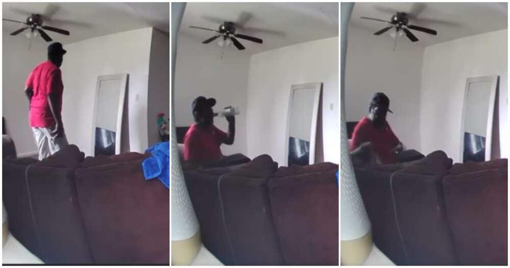 Video of maintenance man drinking wine, lady catches maintenance man drinking wine in her house, lady and her maintenance man