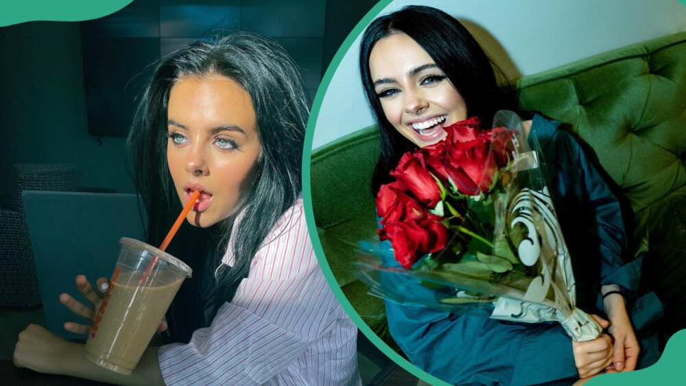 Jessie Murph sips a drink (L) and her on a couch with flowers in Kansas City (R)
