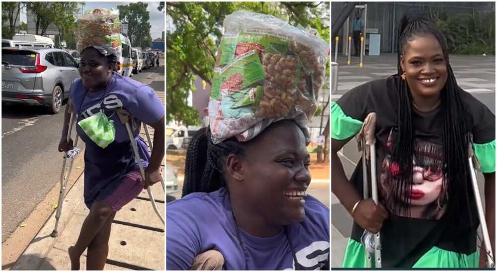 Photos of a physically challenged lady who sells cashew nuts.