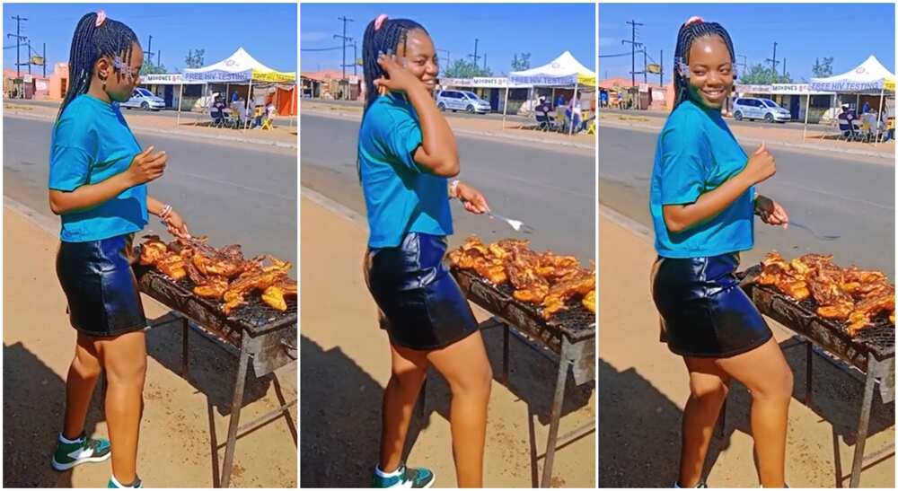 Photos of a lady who sells roasted chicken.