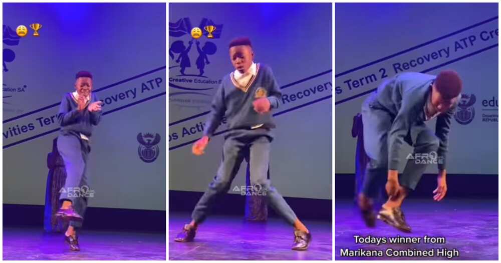 Schoolboy dances Amapiano, Marikana combined high school, boy dances on stage, Abo Mvelo by Daliwonga ft Mellow, Sleazy and MJ.