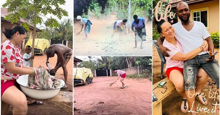 Oyinbo woman sweeps compound, house wife, enugu