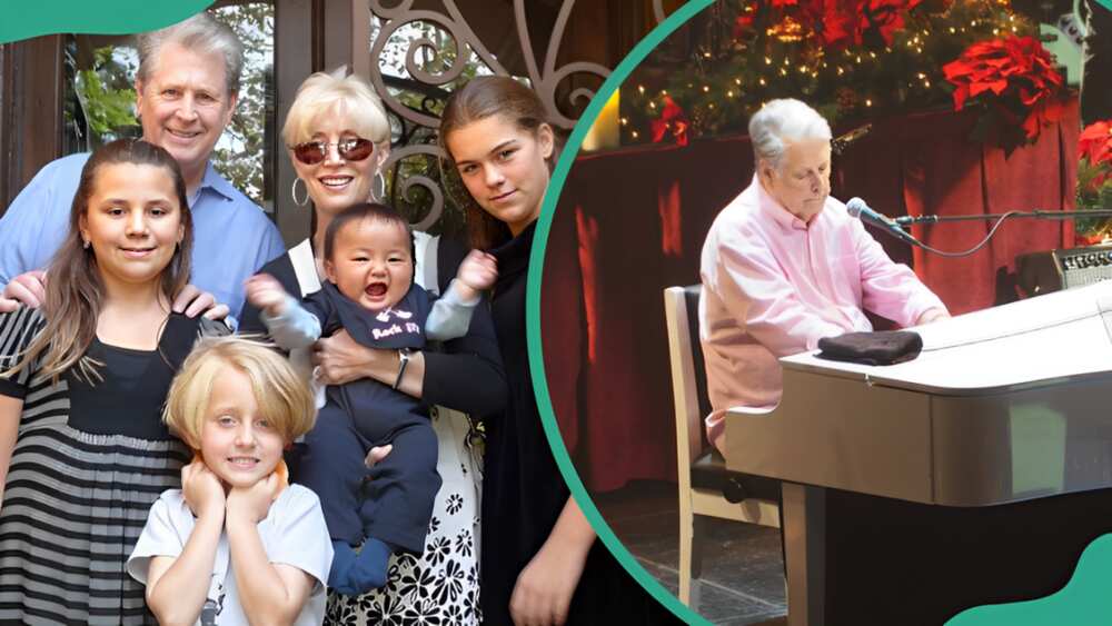Brian Wilson, his wife Melinda and their children (L). Singer Brian Wilson at Bank of America Performing Arts Center playing piano (R)