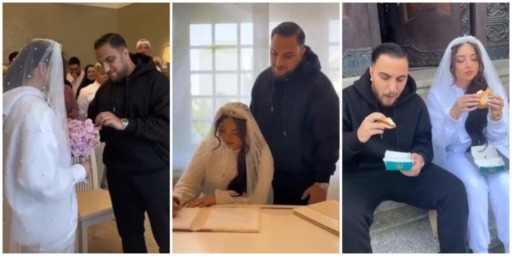 Photos of couple tying the knot in hoodies