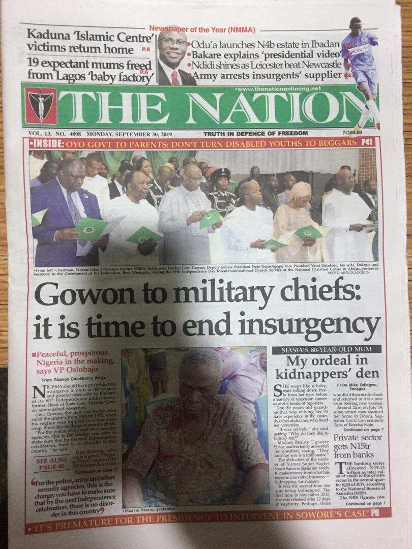 Newspapers review for Monday 30: It's time to end insurgency - Gowon tells military