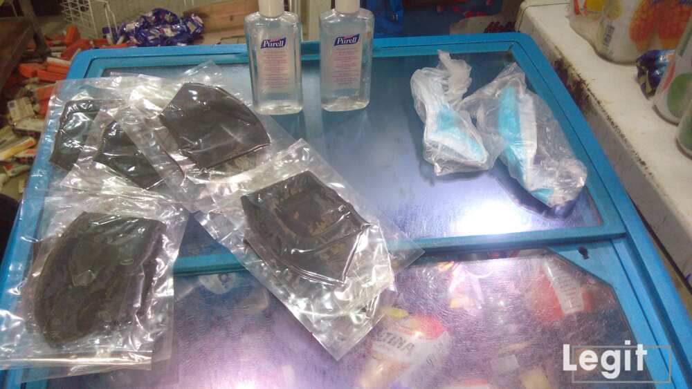 At Sura market, hand sanitiser can be purchased from N800 upwards while face/nose masks are sold from N500 upwards. Photo credit: Esther Odili
