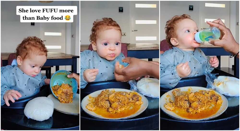 Photos of a baby eating fufu.
