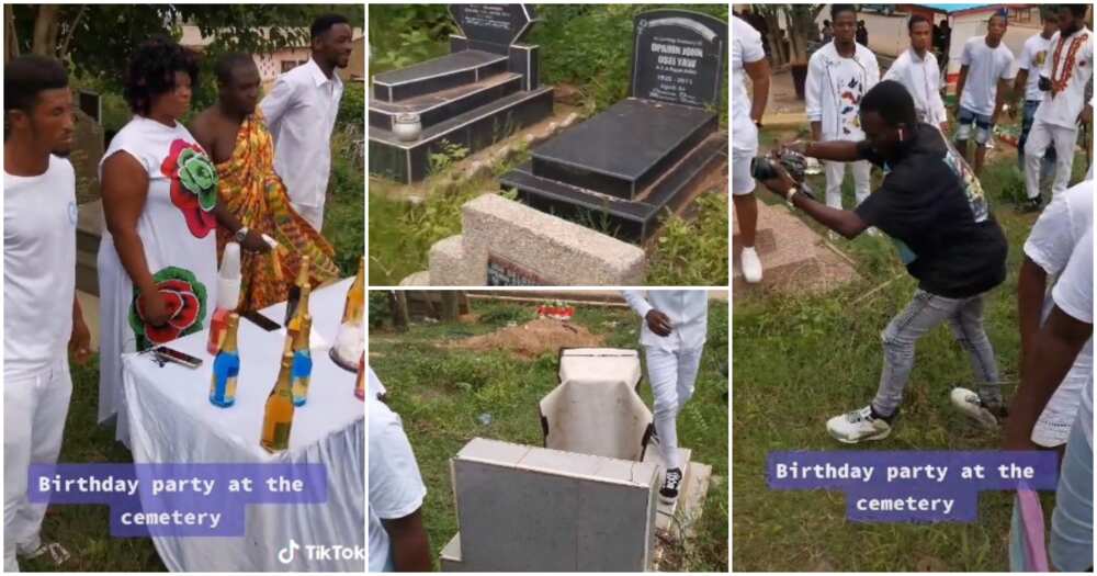 Birthday party in cemetery, man holds birthday party in cemetery, guest party in cemetery, tombstones