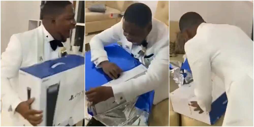 The groom couldn't contain his excitement after receiving a gift from his wife The groom couldn't contain his excitement after receiving a gift from his wife