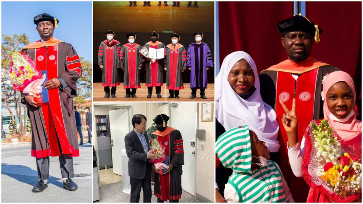 Nigerian man bags PhD in Korea, takes his wife and kids to the ceremony, shares amazing photos