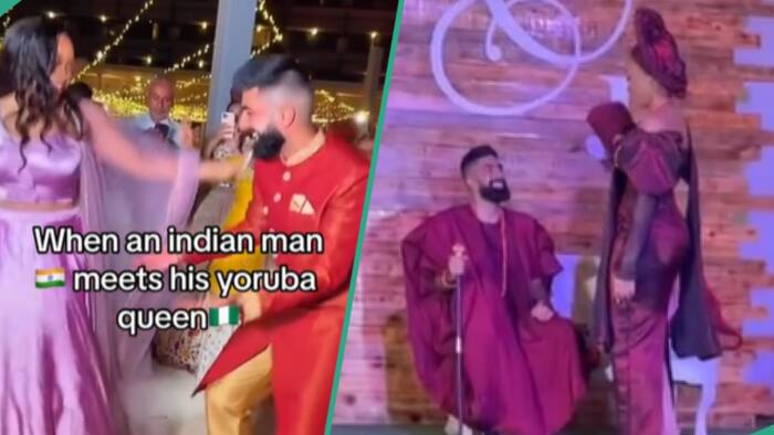 Yoruba lady marries Indian man, displays inter-cultural outfits, netizens react: "Namaste wahala"