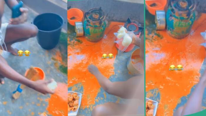 "Nothing must be wasted": Young men use fufu to eat soup from ground after it fell, video trends