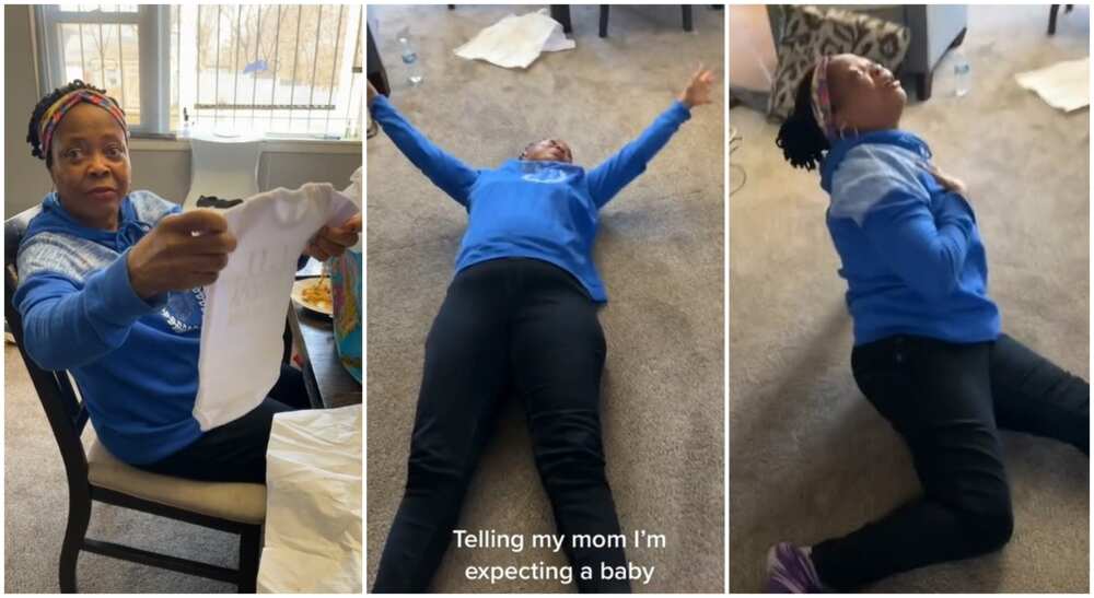 Nigerian mum rolls on the floor after hearing her daughter is expecting a baby.