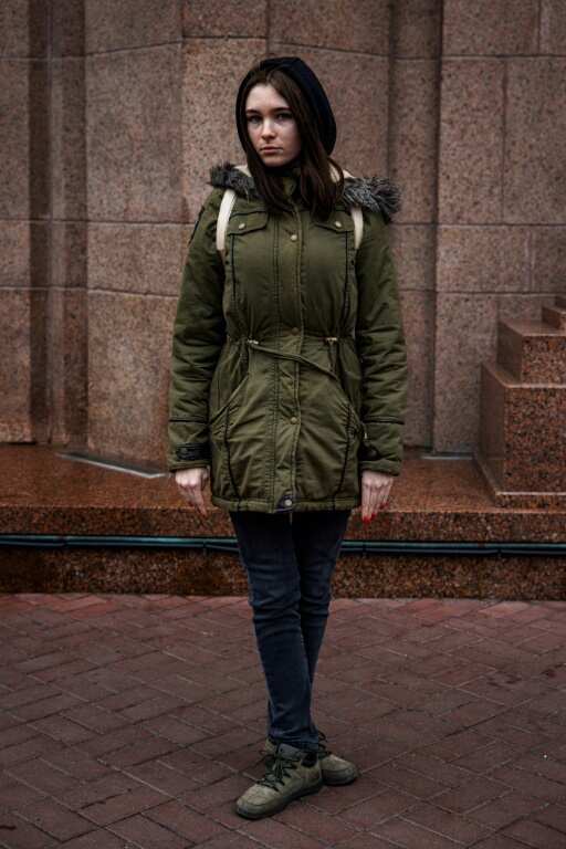 Student Olga Patsuk, 17, follows the khaki sartorial trend in the war-torn nation