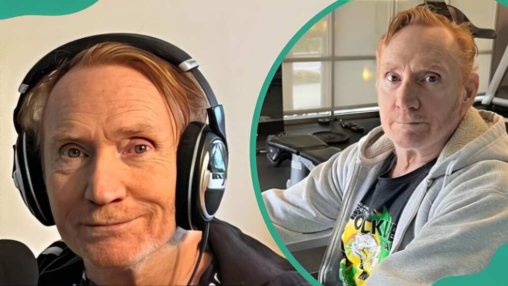 Danny Bonaduce wearing headphones at the radio station (L) and working out in a gym (R)